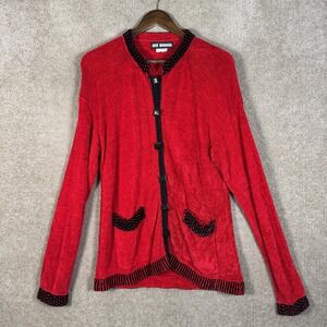 Vintage Ani Barrie Chenille Cardigan‎ Red Black Toggle Closure Made USA Large